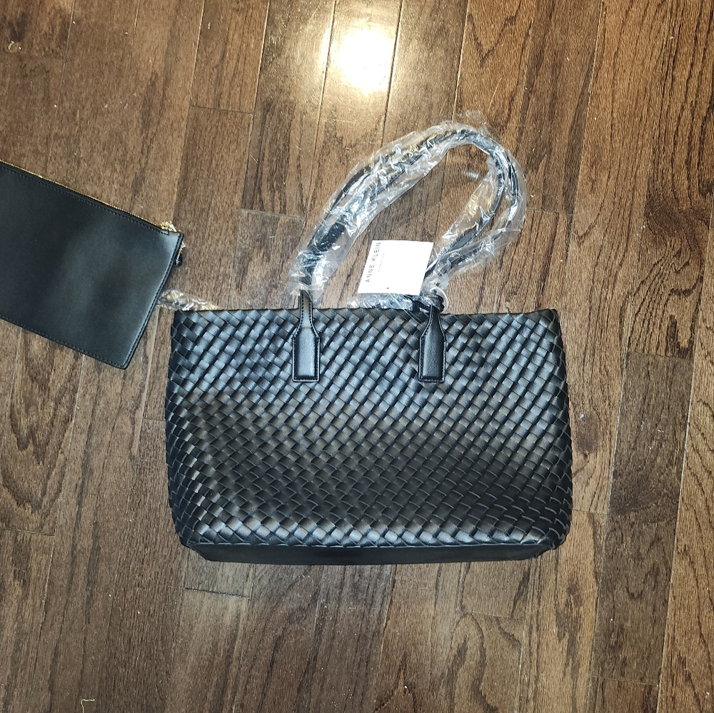 Anne Klein Black Woven Tote‎ With Clutch Pouch
